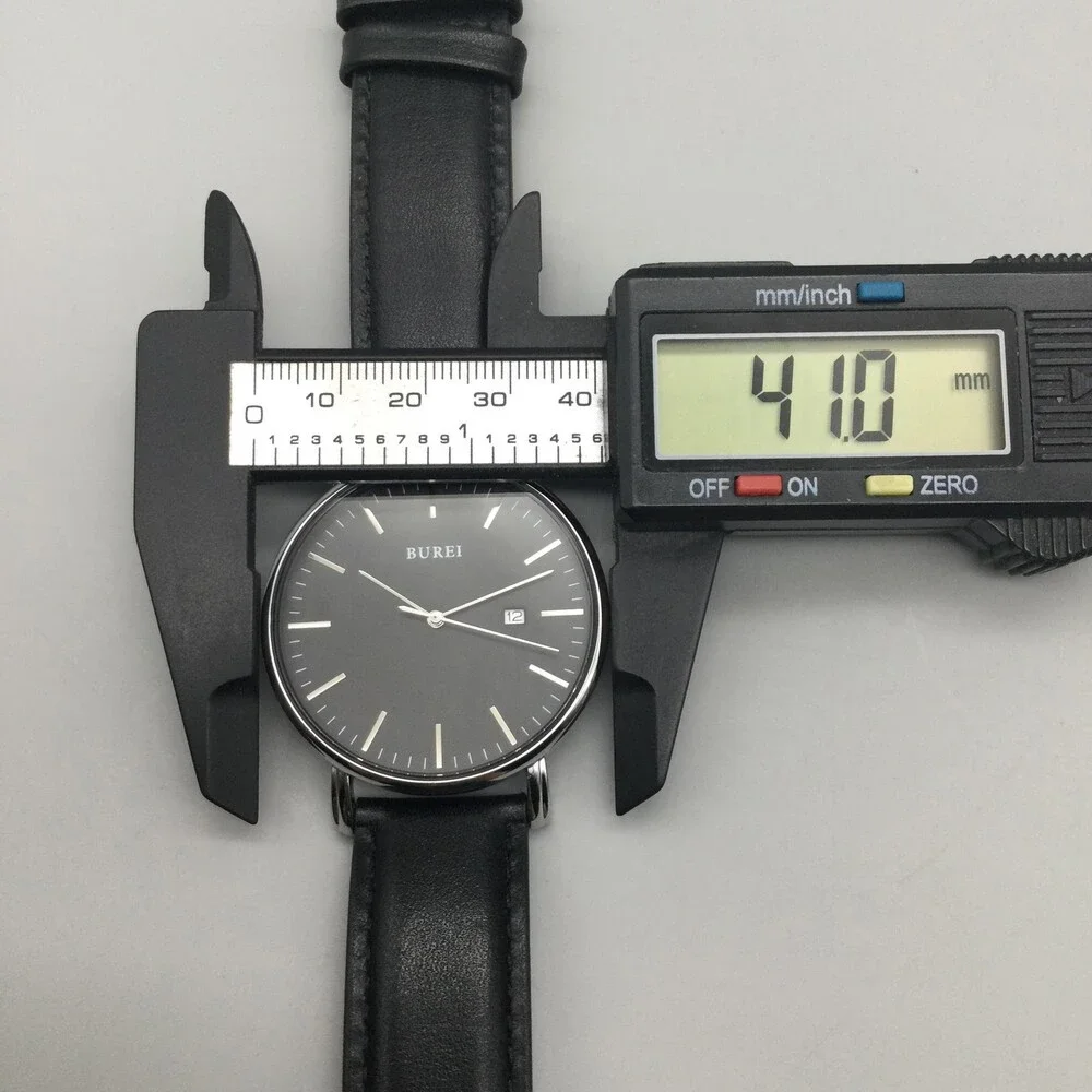 Burei S-19006M Mens Watch 41mm Black Dial Black Leather Date Dress New Battery